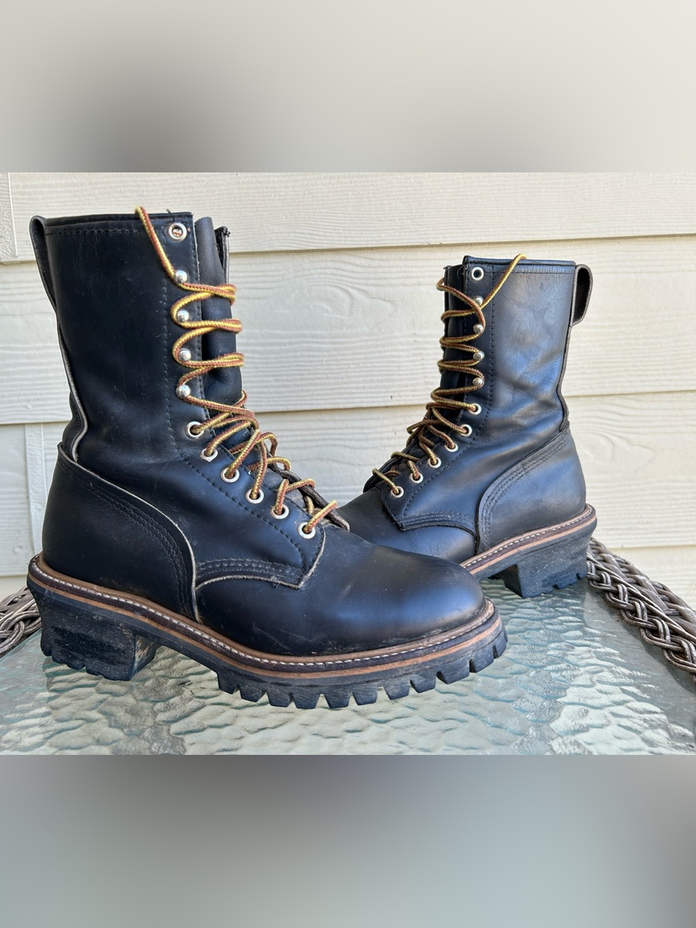 Vtg! Men’s RED WING (Made in USA) Black Leather LOGGER BOOTS sz 7 C (Narrow)